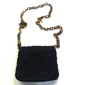 Gun Marie Nilsson NYC Black Macrame Woven Crossbody Purse Tortoise Shell Chain